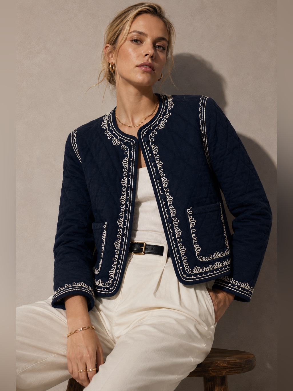 Bagatelle Navy Quilted Jacket With White Loop Embroidery Trim Boho Costal Xl